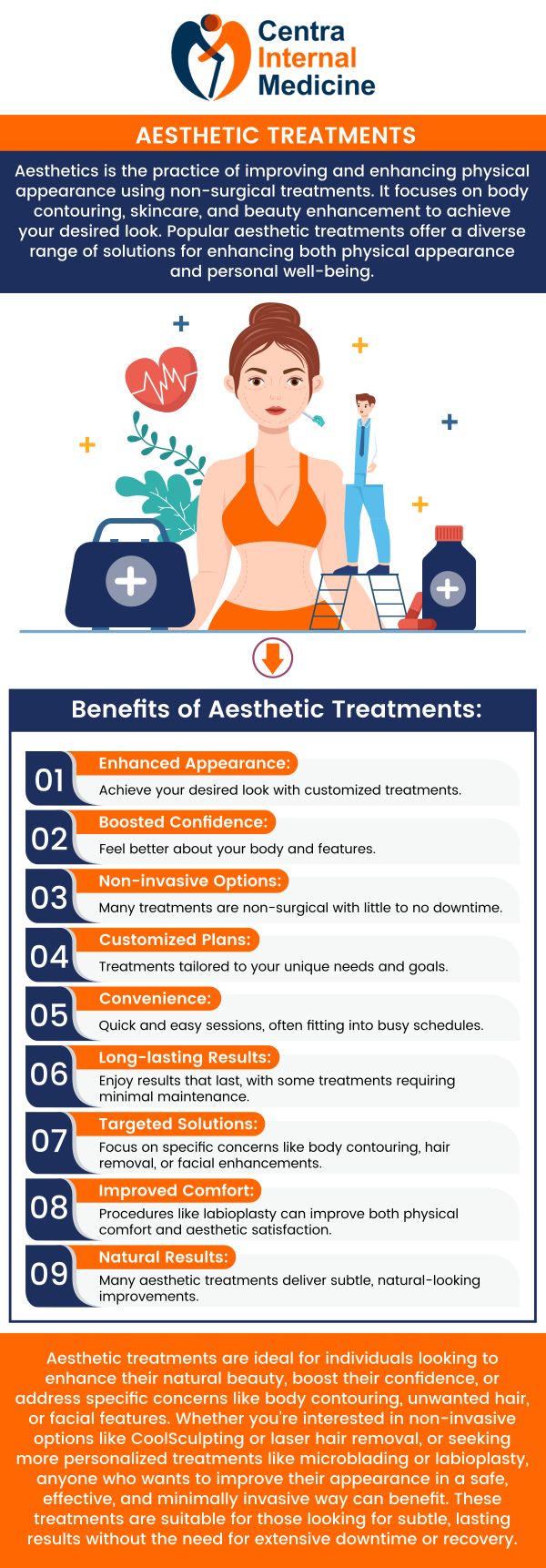 A range of aesthetic therapies, including body contouring, non-invasive procedures, and skin rejuvenation, are provided by Centra Internal Medicine. Our skilled specialists offer these procedures to assist people in safely and effectively achieving their aesthetic goals. For more information, please contact us or schedule an appointment online. We have convenient locations in Sun City, AZ, Phoenix, AZ, Prescott, AZ, and Buckeye, AZ. We serve patients from Sun City AZ, Phoenix AZ, Prescott AZ, Buckeye AZ, Westpark AZ, Liberty AZ, Peoria AZ, Glendale AZ, Diamond Valley AZ, Iron Springs AZ, Bumstead AZ, EI Mirage AZ, and surrounding areas. A range of aesthetic therapies, including body contouring, non-invasive procedures, and skin rejuvenation, are provided by Centra Internal Medicine. Our skilled specialists offer these procedures to assist people in safely and effectively achieving their aesthetic goals. For more information, please contact us or schedule an appointment online. We have convenient locations in Sun City, AZ, Phoenix, AZ, Prescott, AZ, and Buckeye, AZ. We serve patients from Sun City AZ, Phoenix AZ, Prescott AZ, Buckeye AZ, Westpark AZ, Liberty AZ, Peoria AZ, Glendale AZ, Diamond Valley AZ, Iron Springs AZ, Bumstead AZ, EI Mirage AZ, and surrounding areas.