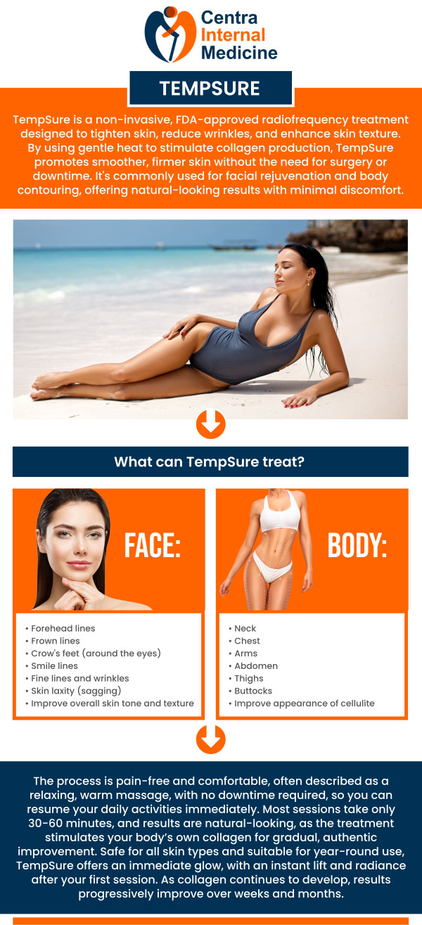 TempSure is a non-invasive radiofrequency therapy that stimulates the creation of collagen to tighten skin, minimize wrinkles, and enhance the skin's overall texture. This method is well-liked for non-surgical skin rejuvenation since it is mild, safe for all skin types, and doesn't include any downtime. For tighter, more youthful-looking skin, consult Centra Internal Medicine's Dr. Manish, MD, and his kind staff. For more information, please contact us or schedule an appointment online. We have convenient locations in Sun City, AZ, Phoenix, AZ, Prescott, AZ, and Buckeye, AZ. TempSure is a non-invasive radiofrequency therapy that stimulates the creation of collagen to tighten skin, minimize wrinkles, and enhance the skin's overall texture. This method is well-liked for non-surgical skin rejuvenation since it is mild, safe for all skin types, and doesn't include any downtime. For tighter, more youthful-looking skin, consult Centra Internal Medicine's Dr. Manish, MD, and his kind staff. For more information, please contact us or schedule an appointment online. We have convenient locations in Sun City, AZ, Phoenix, AZ, Prescott, AZ, and Buckeye, AZ.