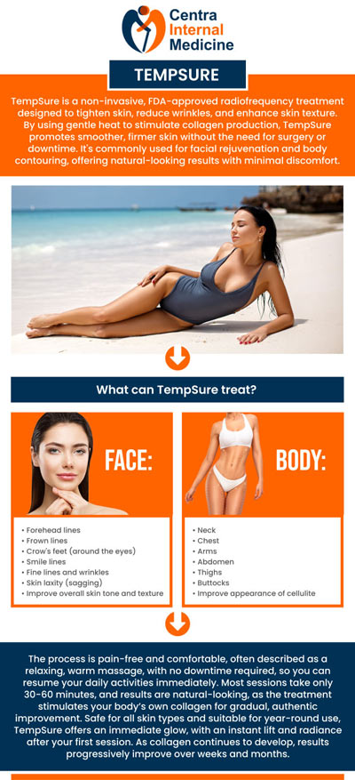 TempSure is a non-invasive radiofrequency therapy that stimulates the creation of collagen to tighten skin, minimize wrinkles, and enhance the skin's overall texture. This method is well-liked for non-surgical skin rejuvenation since it is mild, safe for all skin types, and doesn't include any downtime. For tighter, more youthful-looking skin, consult Centra Internal Medicine's Dr. Manish, MD, and his kind staff. For more information, please contact us or schedule an appointment online. We have convenient locations in Sun City, AZ, Phoenix, AZ, Prescott, AZ, and Buckeye, AZ. TempSure is a non-invasive radiofrequency therapy that stimulates the creation of collagen to tighten skin, minimize wrinkles, and enhance the skin's overall texture. This method is well-liked for non-surgical skin rejuvenation since it is mild, safe for all skin types, and doesn't include any downtime. For tighter, more youthful-looking skin, consult Centra Internal Medicine's Dr. Manish, MD, and his kind staff. For more information, please contact us or schedule an appointment online. We have convenient locations in Sun City, AZ, Phoenix, AZ, Prescott, AZ, and Buckeye, AZ.