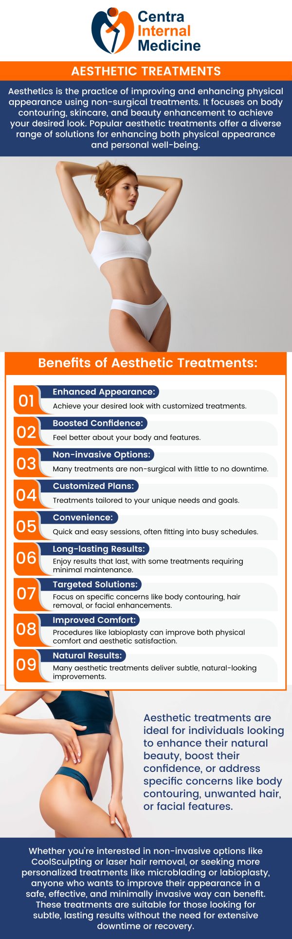 A range of aesthetic therapies, including body contouring, non-invasive procedures, and skin rejuvenation, are provided by Centra Internal Medicine. Our skilled specialists offer these procedures to assist people in safely and effectively achieving their aesthetic goals. For more information, please contact us or schedule an appointment online. We have convenient locations in Sun City, AZ, Phoenix, AZ, Prescott, AZ, and Buckeye, AZ. We serve patients from Sun City AZ, Phoenix AZ, Prescott AZ, Buckeye AZ, Westpark AZ, Liberty AZ, Peoria AZ, Glendale AZ, Diamond Valley AZ, Iron Springs AZ, Bumstead AZ, EI Mirage AZ, and surrounding areas.