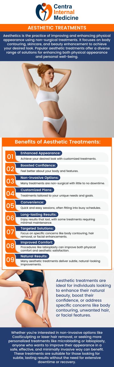 A range of aesthetic therapies, including body contouring, non-invasive procedures, and skin rejuvenation, are provided by Centra Internal Medicine. Our skilled specialists offer these procedures to assist people in safely and effectively achieving their aesthetic goals. For more information, please contact us or schedule an appointment online. We have convenient locations in Sun City, AZ, Phoenix, AZ, Prescott, AZ, and Buckeye, AZ. We serve patients from Sun City AZ, Phoenix AZ, Prescott AZ, Buckeye AZ, Westpark AZ, Liberty AZ, Peoria AZ, Glendale AZ, Diamond Valley AZ, Iron Springs AZ, Bumstead AZ, EI Mirage AZ, and surrounding areas.