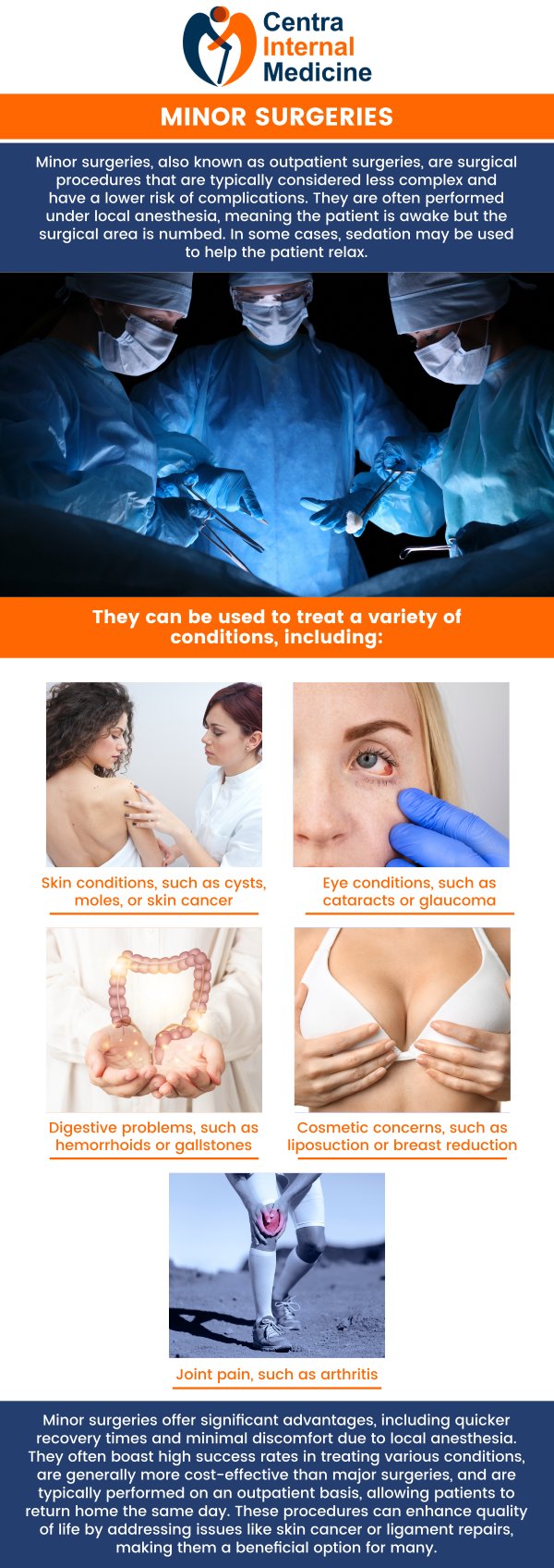 Minor surgical treatments are minimally invasive operations conducted to cure diseases like mole removal, skin biopsies, or cyst excisions that do not require significant surgery. Dr. Manish, MD, performs these procedures at Centra Internal Medicine. With local anesthetic and quicker recovery periods, these treatments are usually performed as outpatients, enabling patients to promptly resume their regular activities. For more information, contact us or request an appointment online. We are conveniently located at 23390 W Yuma Rd Suite 101B, Buckeye, AZ 85326.