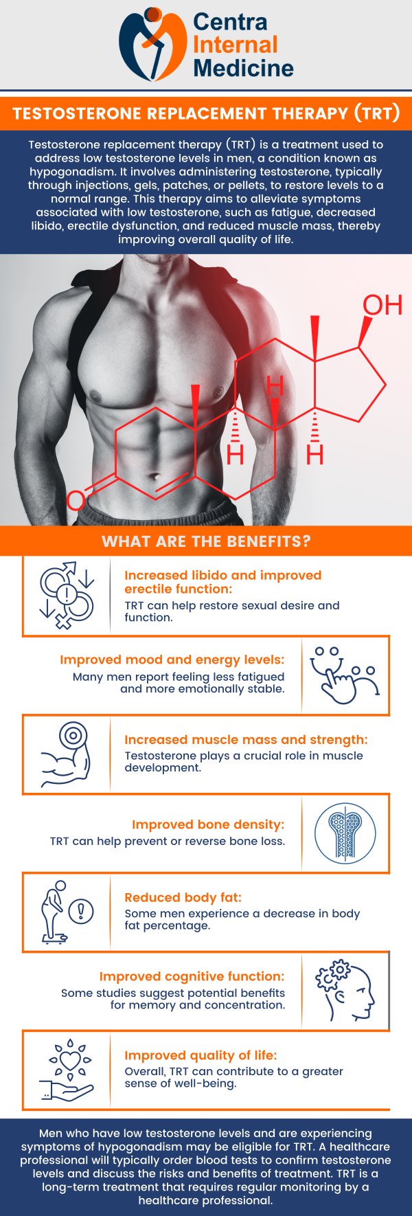 Testosterone Replacement Therapy (TRT) can be an effective solution for individuals experiencing symptoms of low testosterone, such as fatigue, low libido, and mood changes. At Centra Internal Medicine, Dr. Manish Sahni, MD, is dedicated to providing personalized care, focusing on regular monitoring and medical oversight to enhance your health and quality of life. If you are considering TRT, please contact us or schedule a consultation and learn more about how we can assist you on your journey to better well-being. We have convenient locations to serve you in Sun City, AZ, Phoenix, AZ, Prescott, AZ, and Buckeye, AZ.. Testosterone Replacement Therapy (TRT) can be an effective solution for individuals experiencing symptoms of low testosterone, such as fatigue, low libido, and mood changes. At Centra Internal Medicine, Dr. Manish Sahni, MD, is dedicated to providing personalized care, focusing on regular monitoring and medical oversight to enhance your health and quality of life. If you are considering TRT, please contact us or schedule a consultation and learn more about how we can assist you on your journey to better well-being. We have convenient locations to serve you in Sun City, AZ, Phoenix, AZ, Prescott, AZ, and Buckeye, AZ..
