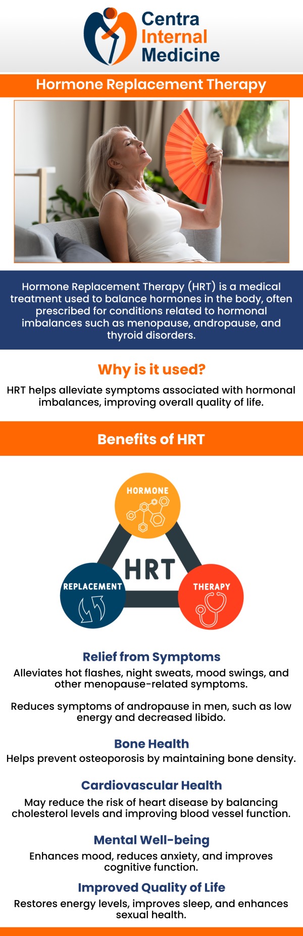 At Centra Internal Medicine, we offer comprehensive Hormone Replacement Therapy (HRT) services in Prescott, AZ, designed to help you restore hormonal balance and improve overall well-being. Our experienced team provides tailored treatments to address symptoms related to menopause, low testosterone, and other hormone imbalances. We prioritize your health and work closely with you to create a customized HRT plan that fits your unique needs, helping you regain energy, mood, and vitality. For more information, please contact us or schedule an appointment online. We are located at 1003 Division Street Suite 4, Prescott, AZ 86301.
